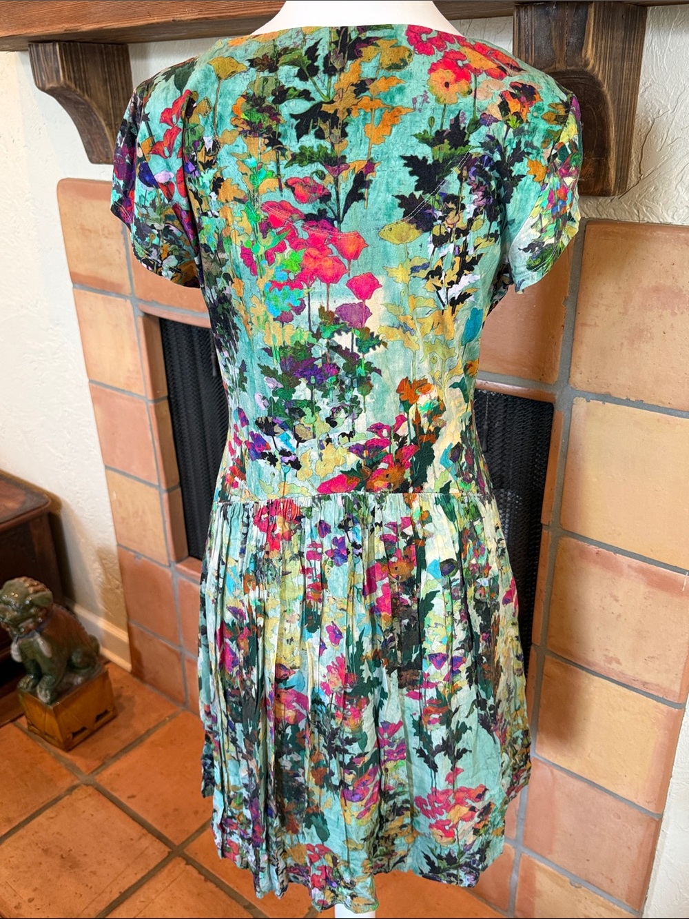Peruvian Connection Teal Floral Short-Sleeve Scoop Dress with Pink Accents, sz M - Picture 6 of 9